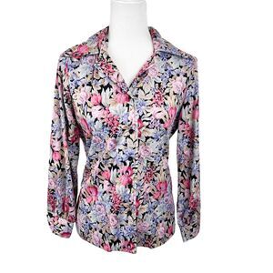 Vintage Sodi Blouse Women 16 Purple Pink Floral Button Up Long Sleeve Casual Top